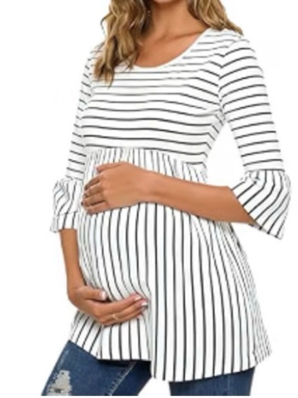 Ecavus Women's Maternity Shirt Striped Peplum 3/4 Sleeve Maternity Top - XL